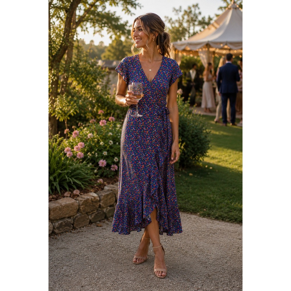 Entro Wrap Dress Large Blue Floral Ruffle Midi Cottage Core Prairie Boho 1165